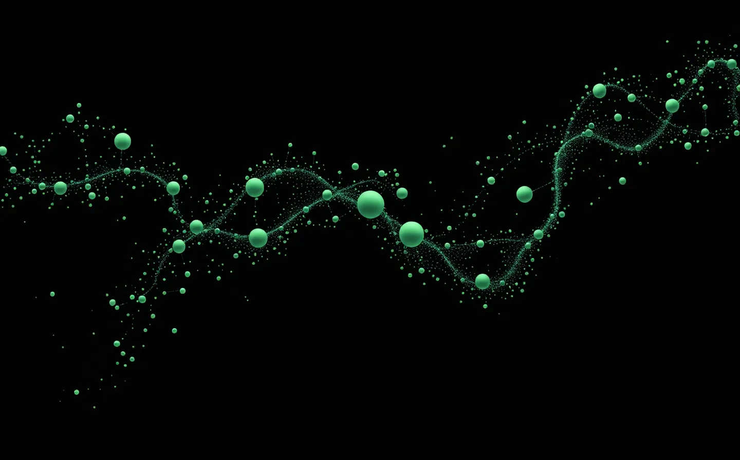 Abstract green seven-node peptide chain over a calm settling neural lattice on a near-black background